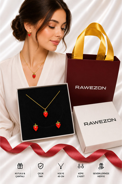 RAWEZON Kutulu Çantalı Karpuz Set-Pirinç Kolye ve Küpe Sevgiliye Hediye Arkad...