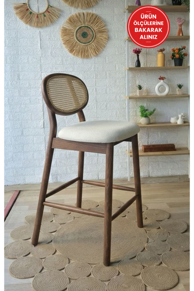 silla Oslo Bar Sandalyesi Teddy Krem Kumaş Hasırlı Ceviz Ahşap Ada Sandalye