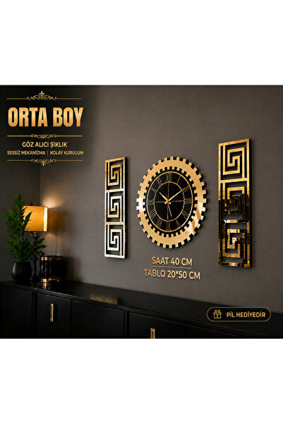 EYKA STORE Dekoratif 3 Lü Set Pleksi Gold Aynalı 3d Kabartmalı Duvar Saati Ve...