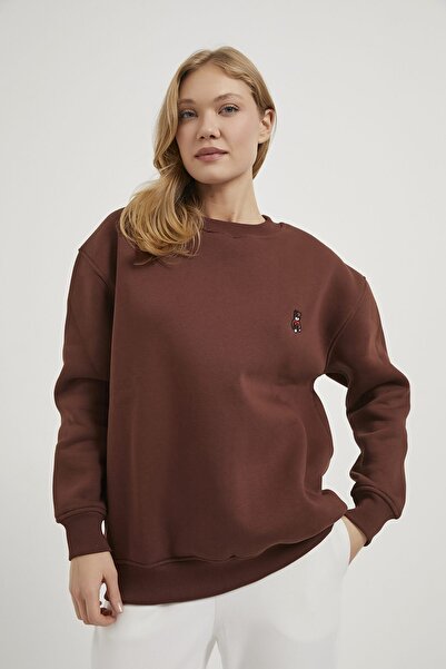 Arma Life Women's Teddy Bear Embroidery Fleece-Lined Brown Casual Sweatshirt