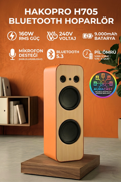 hakopro 160W Ekstra Bass 9000 mAh Mikrofonlu Turuncu Deri Hoparlör H705T