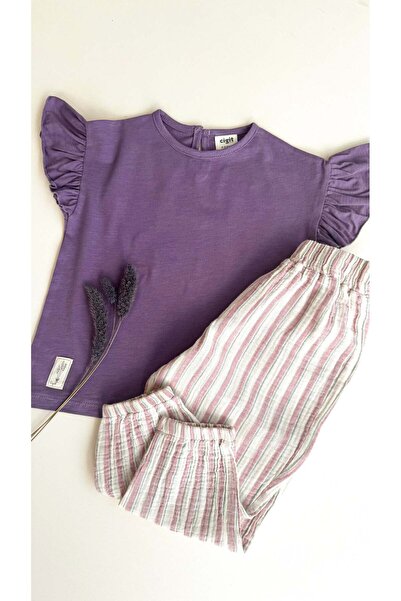 Cigit Müslin Şalvarlı T-Shirt Takım 2-10 Yaş Mor