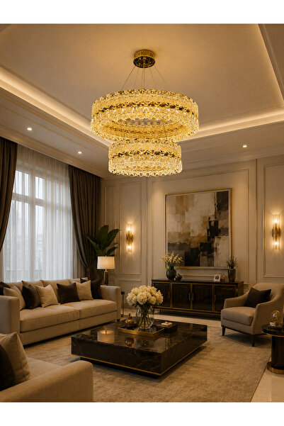 Led YENİ MODEL 2 KATLI LÜX AVİZE GOLD RENK 3 IŞIK SEÇENEĞİ