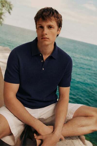 Madmext Navy Blue Snap Closure Polo Collar Knitwear Men's T-Shirt E7493
