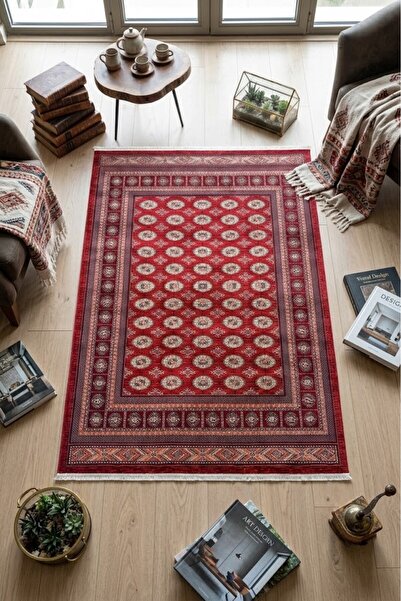Dinarsu Asya Klasik Etnik Desenli %100 Polyester Yumuşak Dokulu Kırmızı Bordo...