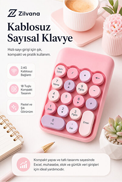Zilvana Klyvera MOFii Kablosuz Sayısal Tuş Takımı USB Alıcılı Numpad Pembe Siyah