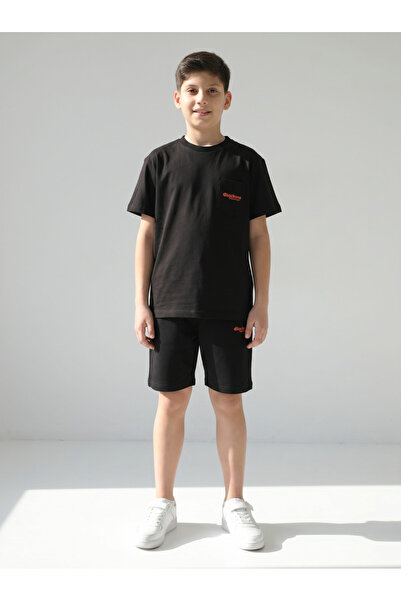 Black One Crew Neck Boy's Print Detailed T-Shirt and Shorts Double Set