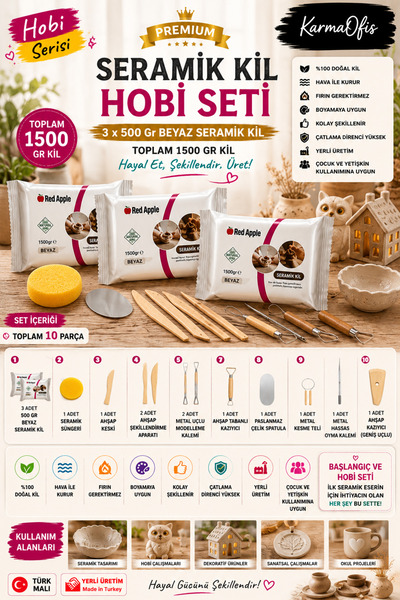 KarmaOfis Premium Seramik Kil Hobi Seti 1500 Gr Model Kili Şekillendirme Apar...