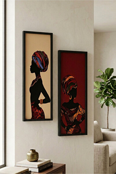 Wooden Factory 2'li Doğal Ahşap Afrikalı Kadın Bohem Stil Duvar Tablosu 20x60...