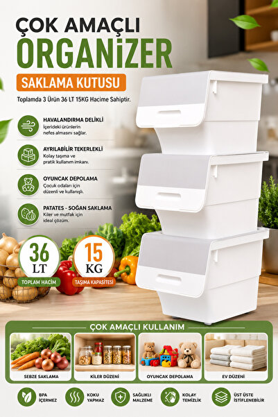 nextbuy 3’lü Kapaklı Sepet Tekerlekli Patates-Soğan Erzak Saklama Kutusu Oyun...