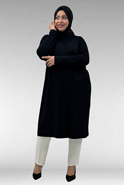 Eslina 28092 Large Size Low Sleeve Combed Cotton Tunic-black