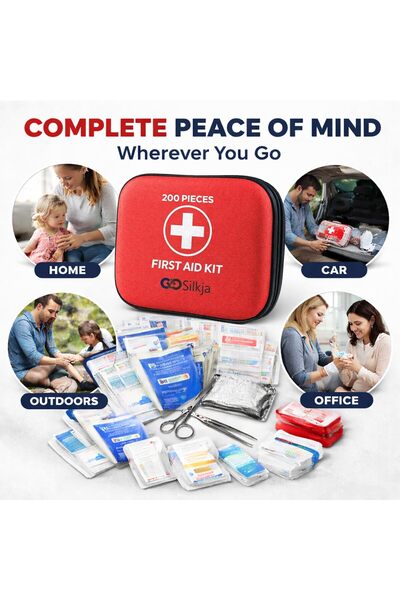 Silkja Siljka First Aid Kit 200-Piece – Emergency Medical Supplies for Home, Car, Office, Travel, School, and Outdoor Use – Treats Minor Cuts, Scrapes, and Injuries – Compact & Portable – Red