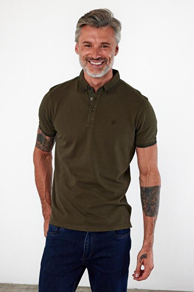 ENQUE Men's Close-Fitting Basic Polo Neck Short Sleeve Solid Khaki T-Shirt