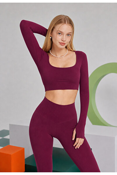 REAL DREAM Women's Long Sleeve U-Neck Seamless Gathering Sports Bustier