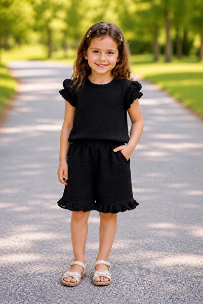 Yalçınoğlu Kids 3-9 Years Old Girls' Premium Ruffle Sleeve Summer Shorts Set ...