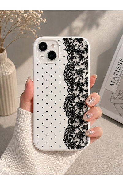 OVADA İphone 13/14/15 Uyumlu Puantiye Ve Dantel Desenli Silikon Telefon Kılıfı