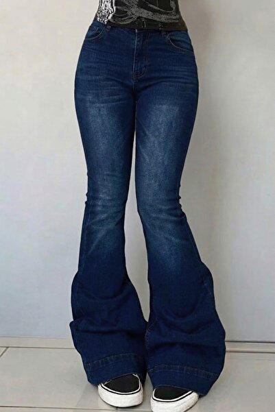 Köstebek Navy Blue Low Rise V-Cut Blue Spanish Leg Trousers