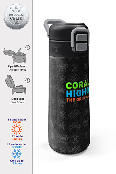 Coral High Kids Siyah Drone Desenli Pipetli ve Direkt İçim Çelik Termos 500 m...