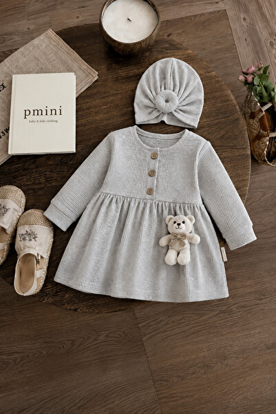 Pmini Waffle Kumaş Boneli Ayıcıklı Gri Bebek Elbise