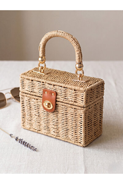 Luminos Butik Women's Handmade Covered Straw Bag - Camel Rattan Boxed Model 1...