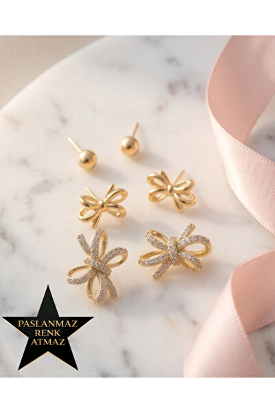 XUPING JEWELRY Xuping 14K Altın Renginde Zirkon Taşlı Fiyonk Set Kadın Küpe