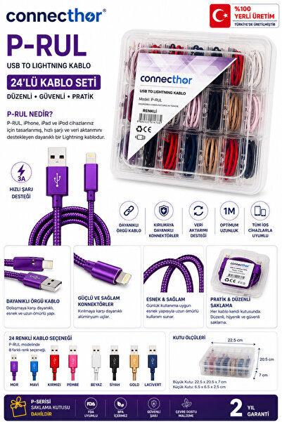COMPAXE ConnecThor P-RUL USB to Lightning Renkli Şarj Kablosu 24’lü Set