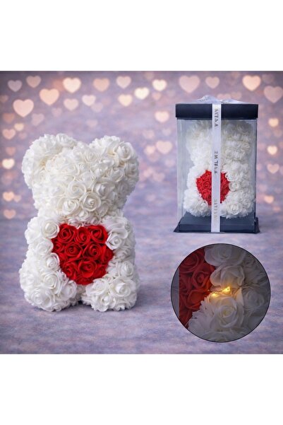 velve Ursulet floral 25 cm, cu LED-uri luminoase, din trandafiri spuma crem c...