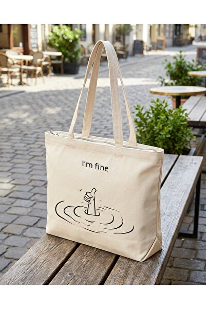 buzagi tasarım ürünleri I'M Fine Zippered Lined Gusseted Canvas Bag 35 X 40 cm