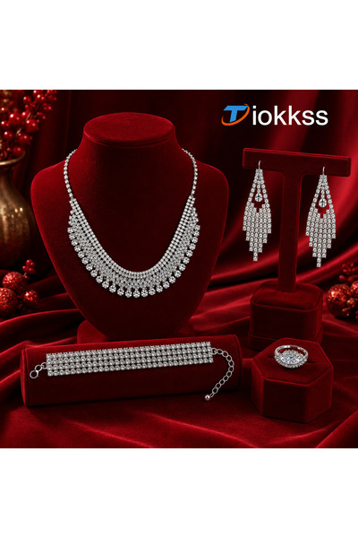 Tiokkss 5pcs/Set Silver Rhinestone Jewelry Set For Women, Middle Eastern Styl...