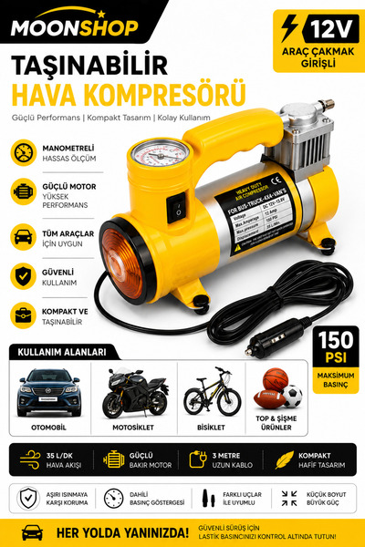 MOONSHOP Pro Seri Çelik Gövde Pistonlu 12 V 160 Psi Dakikada 85 Lt Araç Araba...