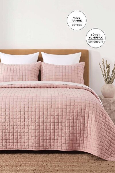 EvienHome Kare Desen Çift Kişilik Yatak Örtüsü Seti %100 Pamuk Taş Yıkama 3 P...