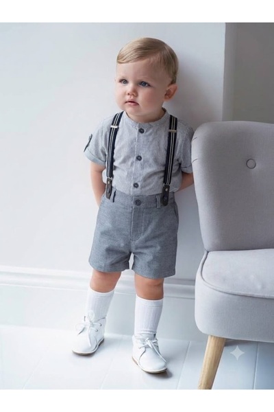 Babydola erkek bebek salopet askılı şort gömlek takımı