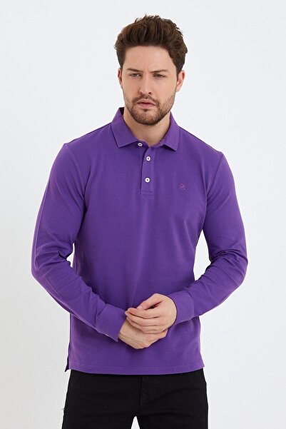 ENQUE Erkek Polo Yaka Oversize Uzun Kollu Basic Mürdüm Tişört