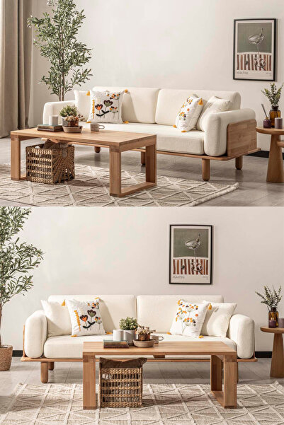 Msm Home & Living İskandinav Tarz Diva Kayın Ahşap Üçlü Koltuk