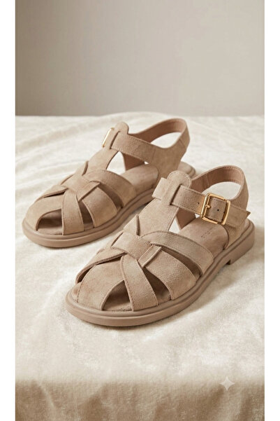 OSIO Women's Beige Suede Cage Sandals