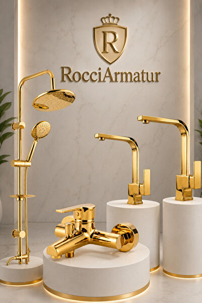 RocciArmatur 4’lü Batarya Seti Gold Altın Pirinç Banyo Lavabo Kare Mutfak Evi...
