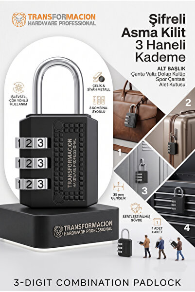 Transformacion 35 mm Şifreli Asma Kilit 3 Haneli Kademe Çanta Valiz Dolap Kil...