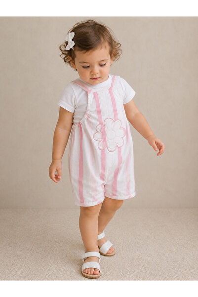 Victor and Jane Infant Girls Bodysuit & Stripe Dungaree Romper Set with Flowe...