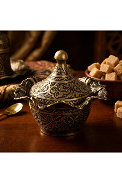 Generic وعاء سكر نحاسي أنيق على الطراز العثماني مع غطاء - لون برونزي ساحر، تصميم أنيق، صنع في تركيا
