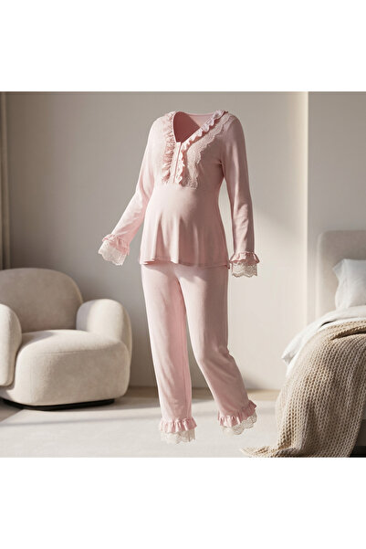 Lady Lingerie طقم بيجامة للحوامل تركي من قطعتين - بلوزة رضاعة بأكمام طويلة وت...