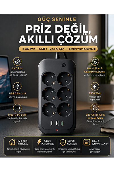 The Wlue Çoklu 6'lı Priz Akım Korumalı 3xUSB 3.4A 2500 Watt 2 Metre Uzatma Ka...