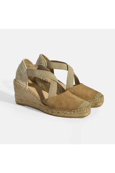Desa Espadrile din piele intoarsa cu toc cu pană cu bandă elastică de damă bej