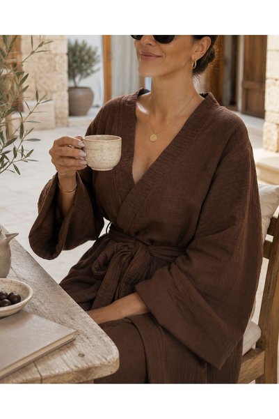 modekamoda Brown 2 Layer Muslin Woven 100% Cotton Muslin Kimono Bathrobe, Breathable and Lightweight Fabric