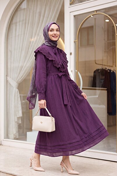 Modamorfo Scalloped Lined Crinkle Dress with Tie at the Neck and Waist - Purple