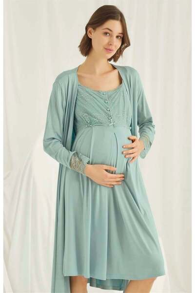 MONAMİSE 18467 Women's Light Green Front Buttoned Pregnant Maternity Nightgow...