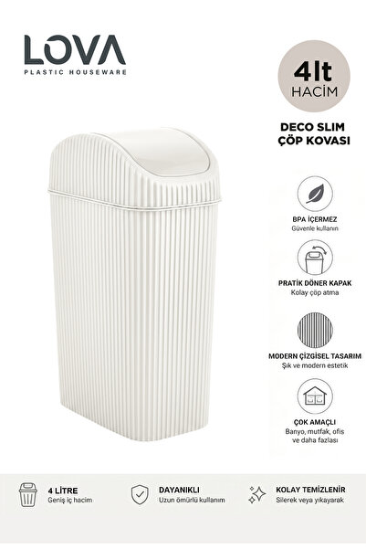 Lova 4 Lt Deco Slim Mutfak,banyo,tezgahüstü Çöp Kovası (KREM)