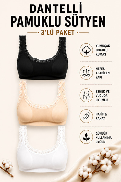 Mudcosıo Women's Lace Cotton Padded Bra 3-Pack Soft Textured Stretchable
