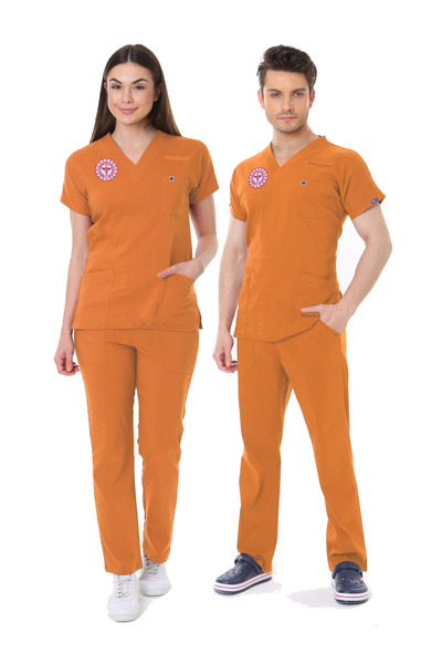 İBA MEDİKAL TURUNCU KLİNİK DESTEK İŞÇİ FORMASI LİKRALI SCRUBS TAKIM (ORANGE O...