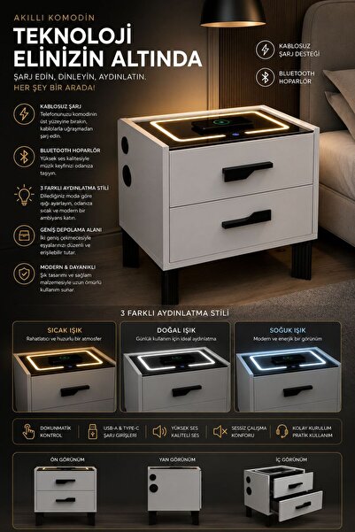 DECOBOX DİAMOND BEYAZ LEDLİ ŞARJ ÜNİTELİ VE BLUETOOTH HOPARLÖRLÜ KOMODİN