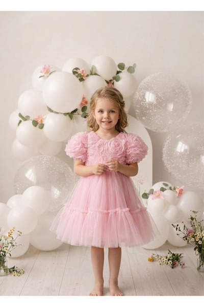 penu baby kids Pink 3D Rose Patterned Skirt Ruffles Graduation Special Occasi...